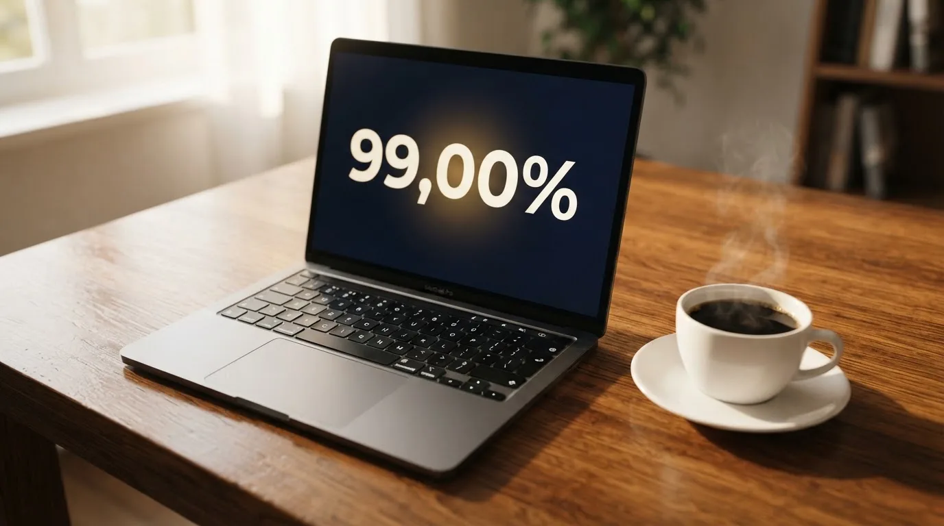 Ekran laptopa z jedną dużą wyróżnioną wartością procentową RTP obok filiżanki kawy na biurku.