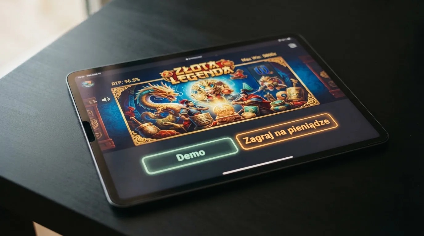 Zbliżenie na przycisk wyboru trybu Demo obok przycisku Zagraj na pieniądze przy okładce gry typu slot